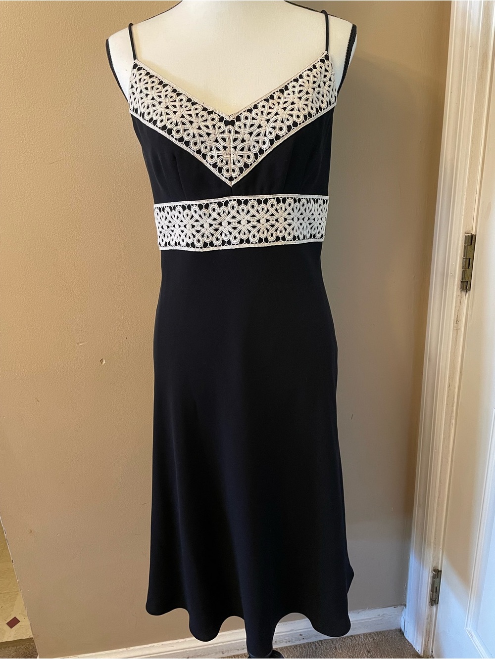 Ann Taylor -Black Dress with White Lace Trim - Elegant Spaghetti Strap Dress